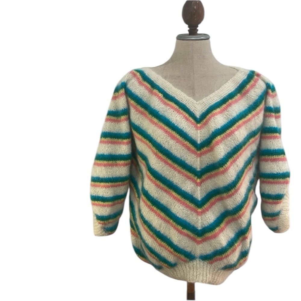 Vintage 90s hand crafted knit mohair striped sweater puffy sleeves womens size L